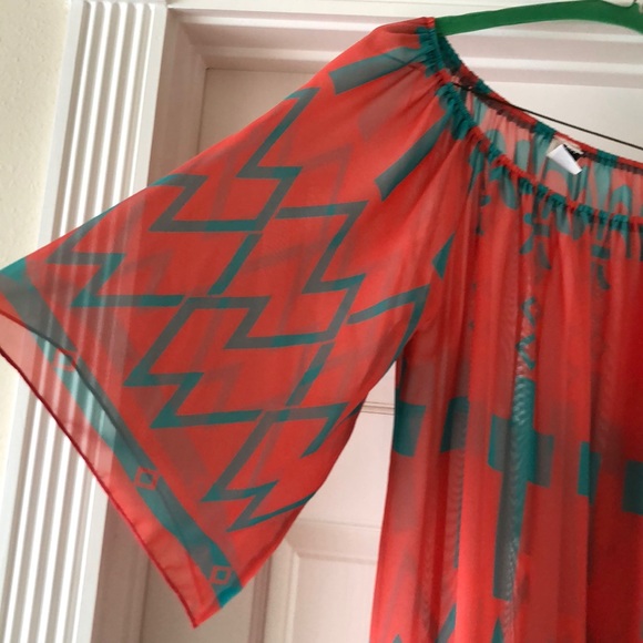 Peach/coral and teal off the shoulder tunic top - Picture 2 of 3